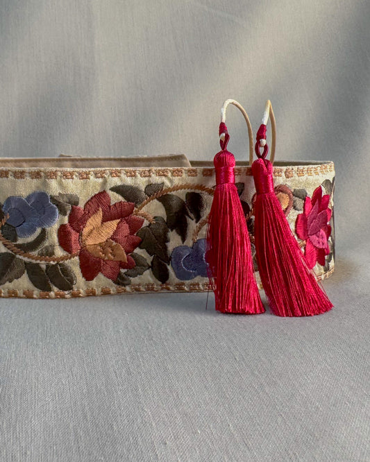 Beige bohemian embroidered obi belt with tassels