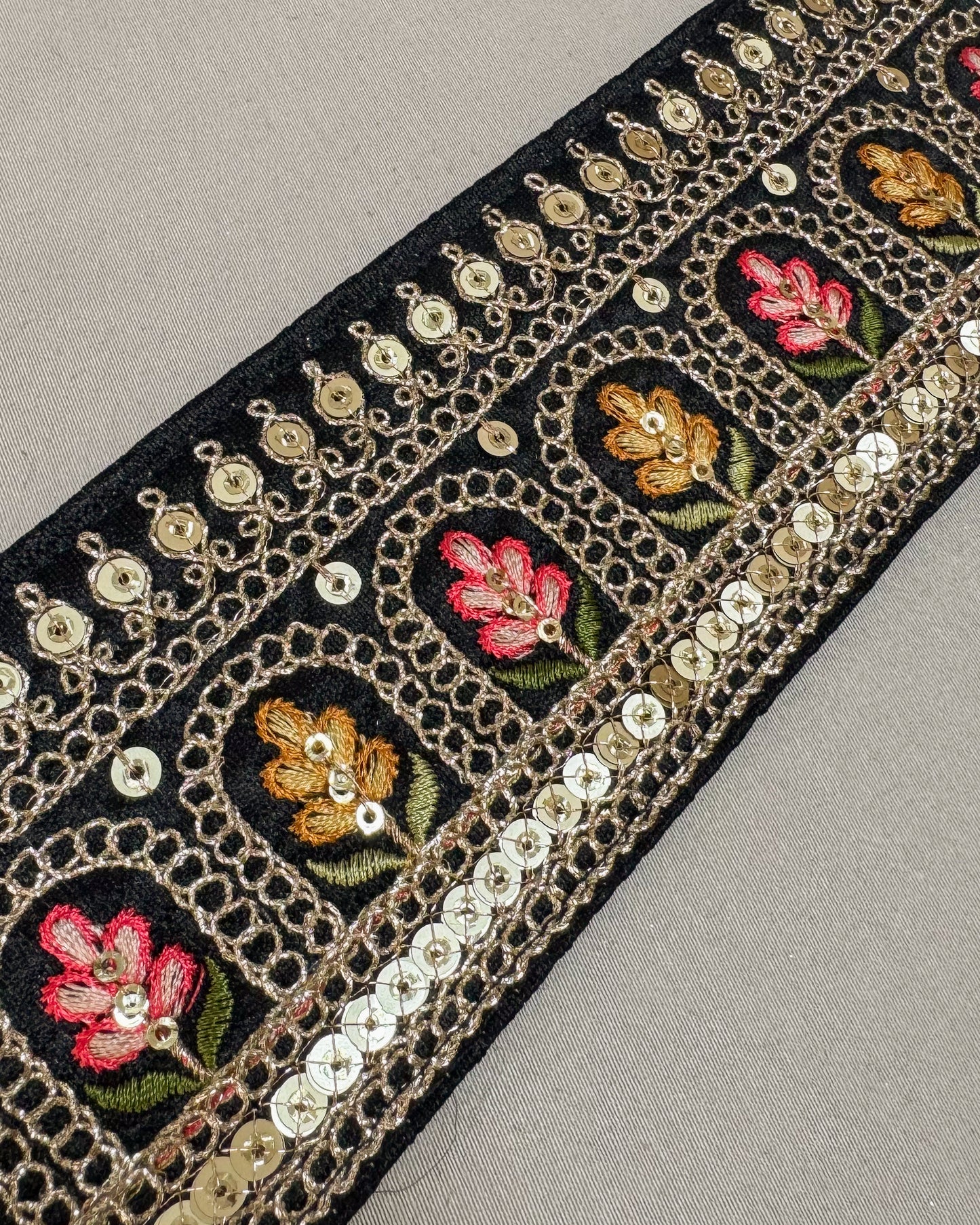 Bohemian black belt with embroidered flowers and tassels