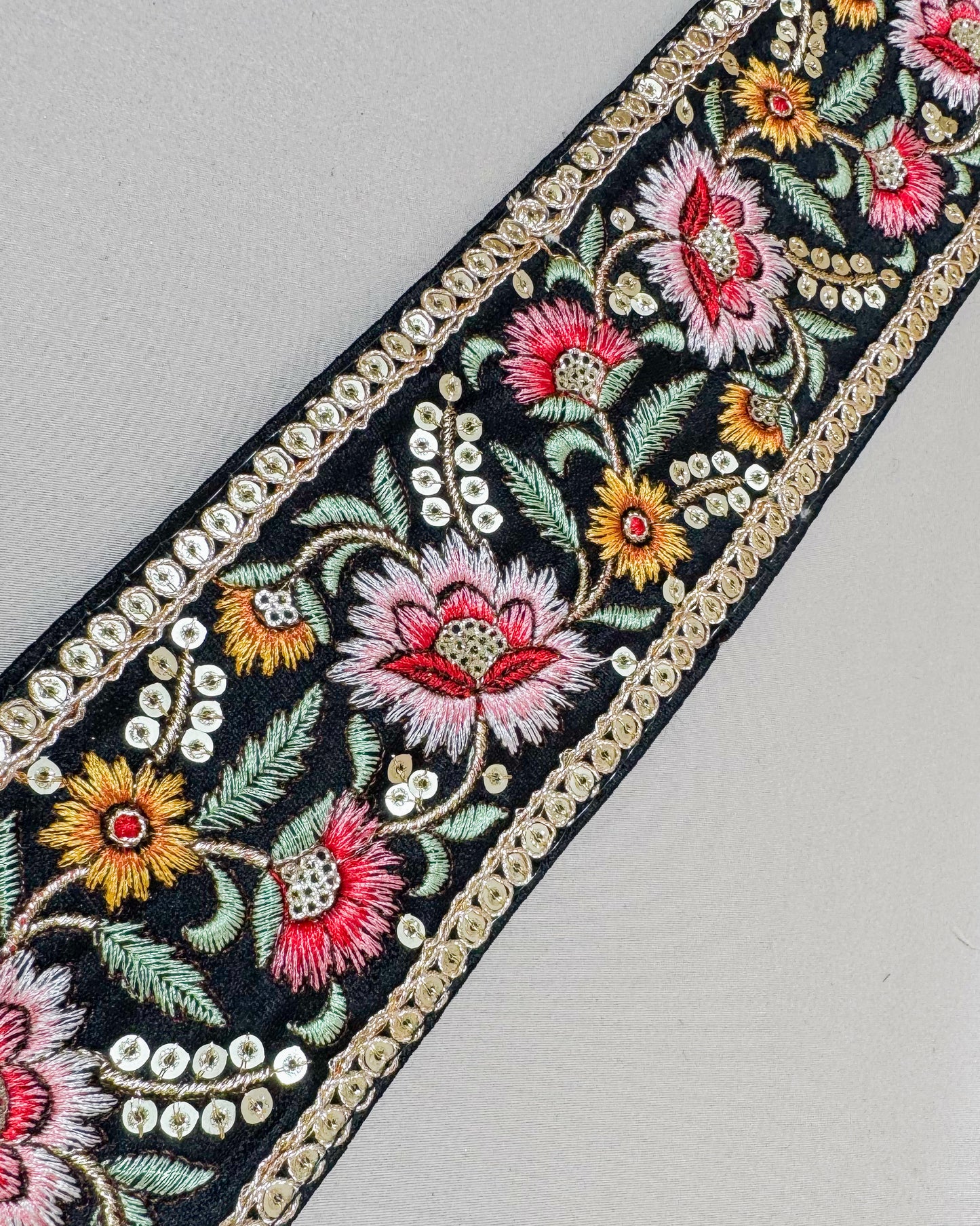 Bohemiam black belt with embroidered flowers and tassels