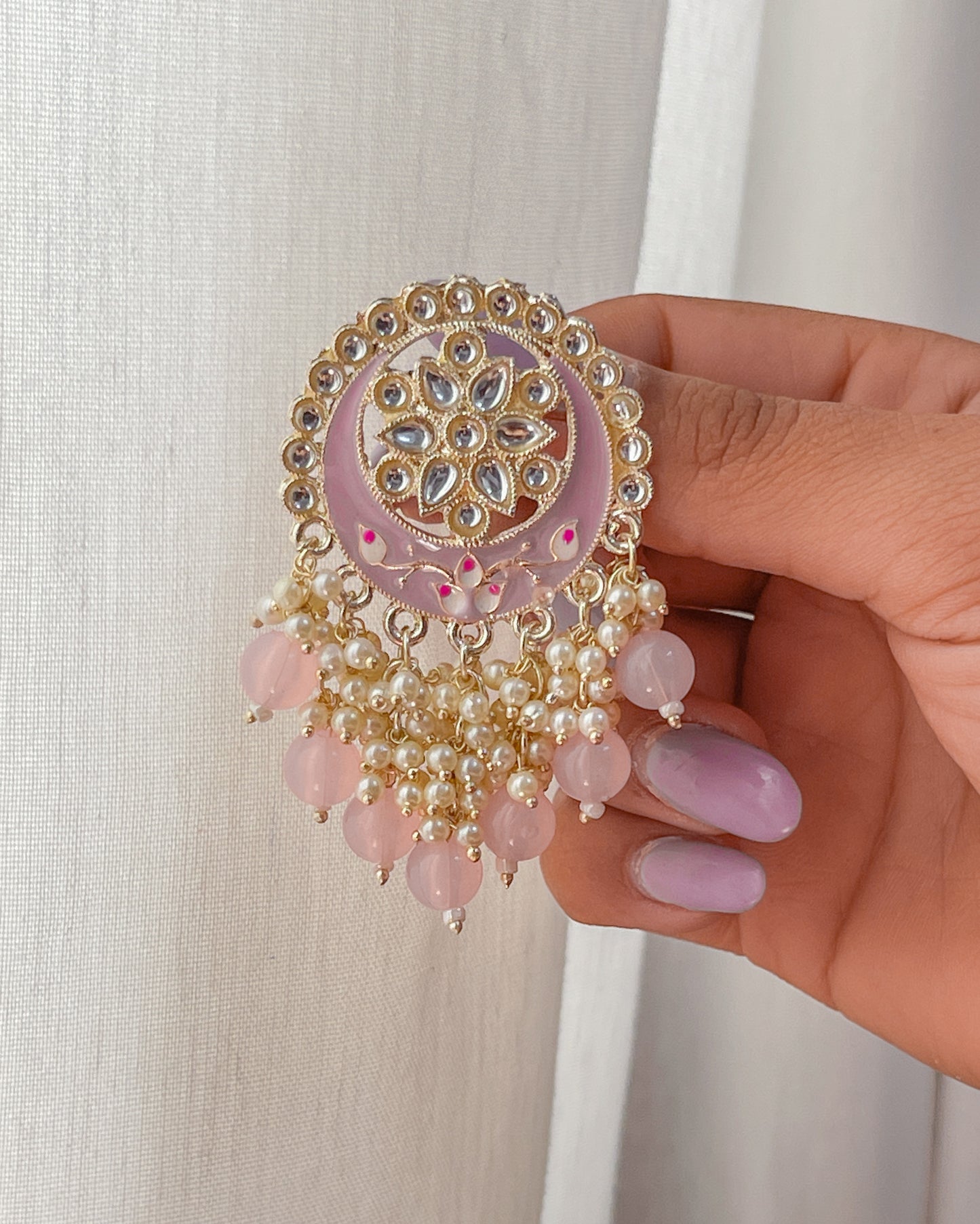 MOON LIGHT PINK Big Golden Bohemian Earrings with Hand-Painted Floral Detail