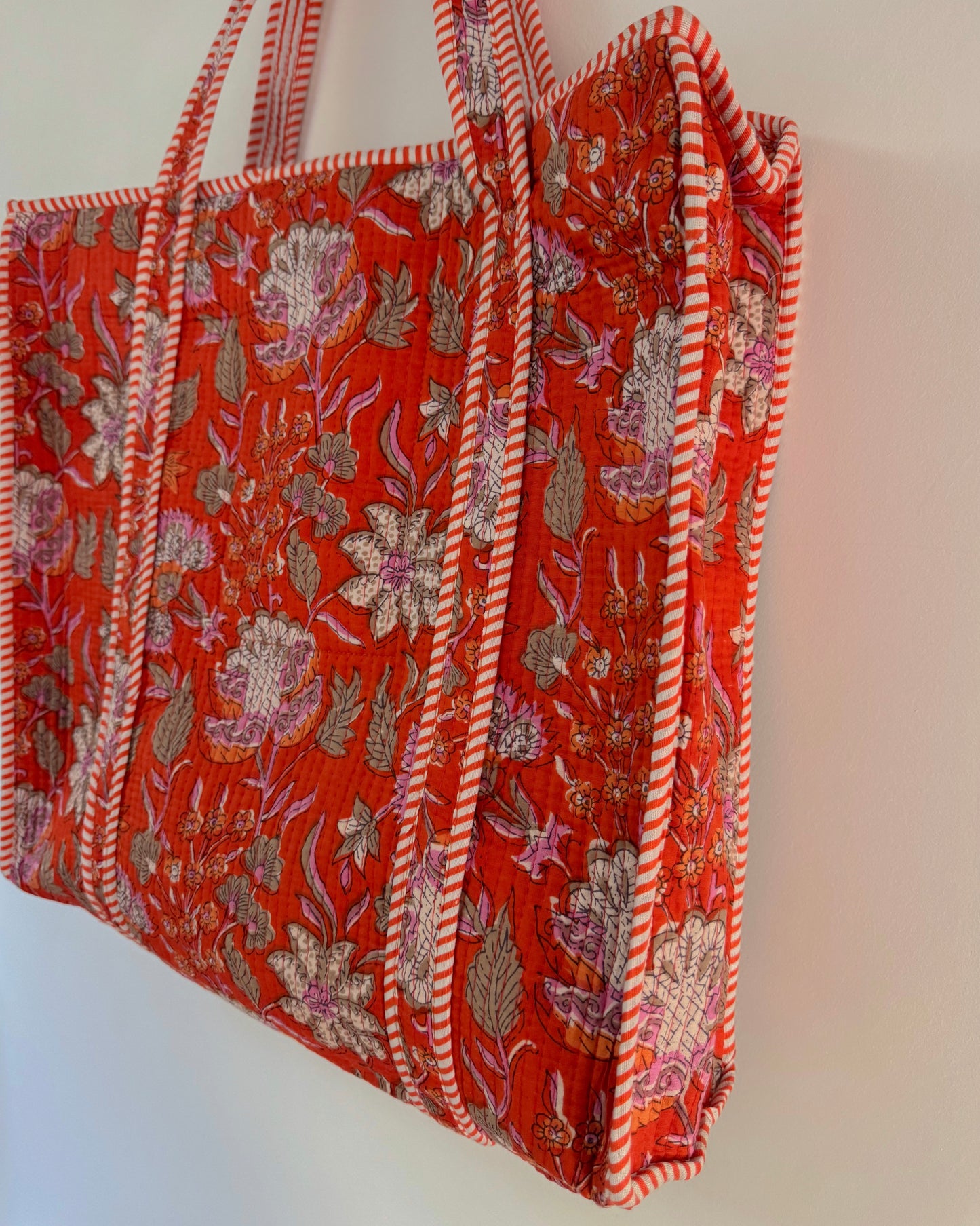 Orange with flowers l Big tote bag in quilted cotton