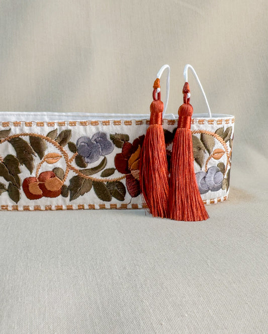 Off white bohemian embroidered obi belt with tassels