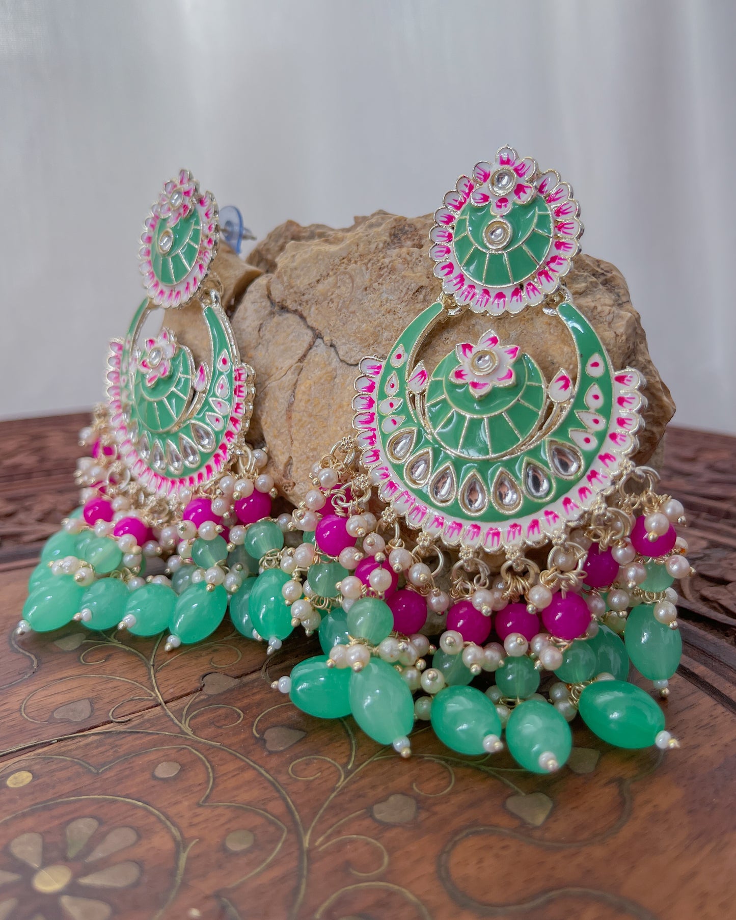 Statement bohemian earrings l Green and pink