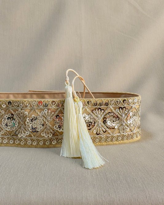 Bohemian embroidered obi belt with tassels