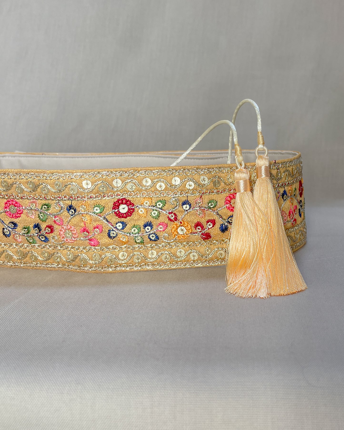Off white bohemian embroidered obi belt with tassels