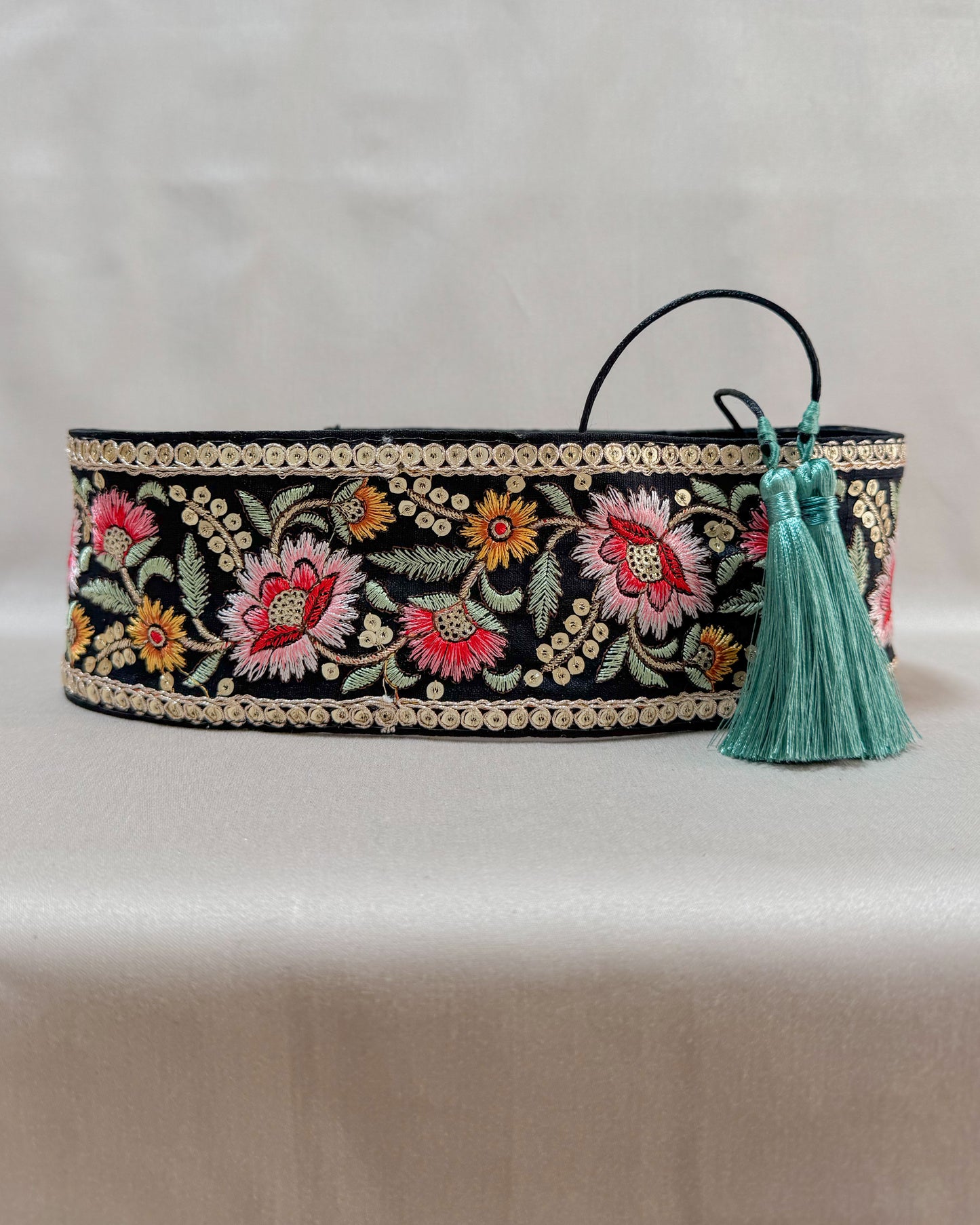 Bohemiam black belt with embroidered flowers and tassels