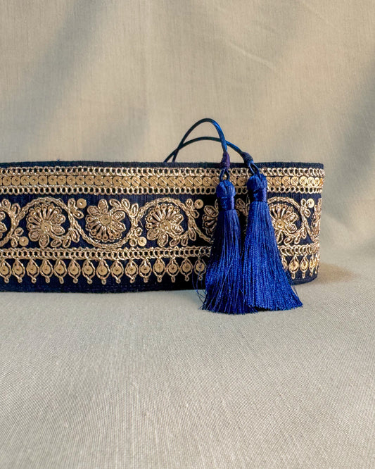 Dark blue bohemian embroidered obi belt with tassels