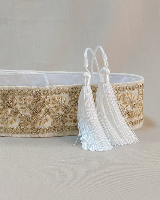 Off white bohemian embroidered obi belt with tassels