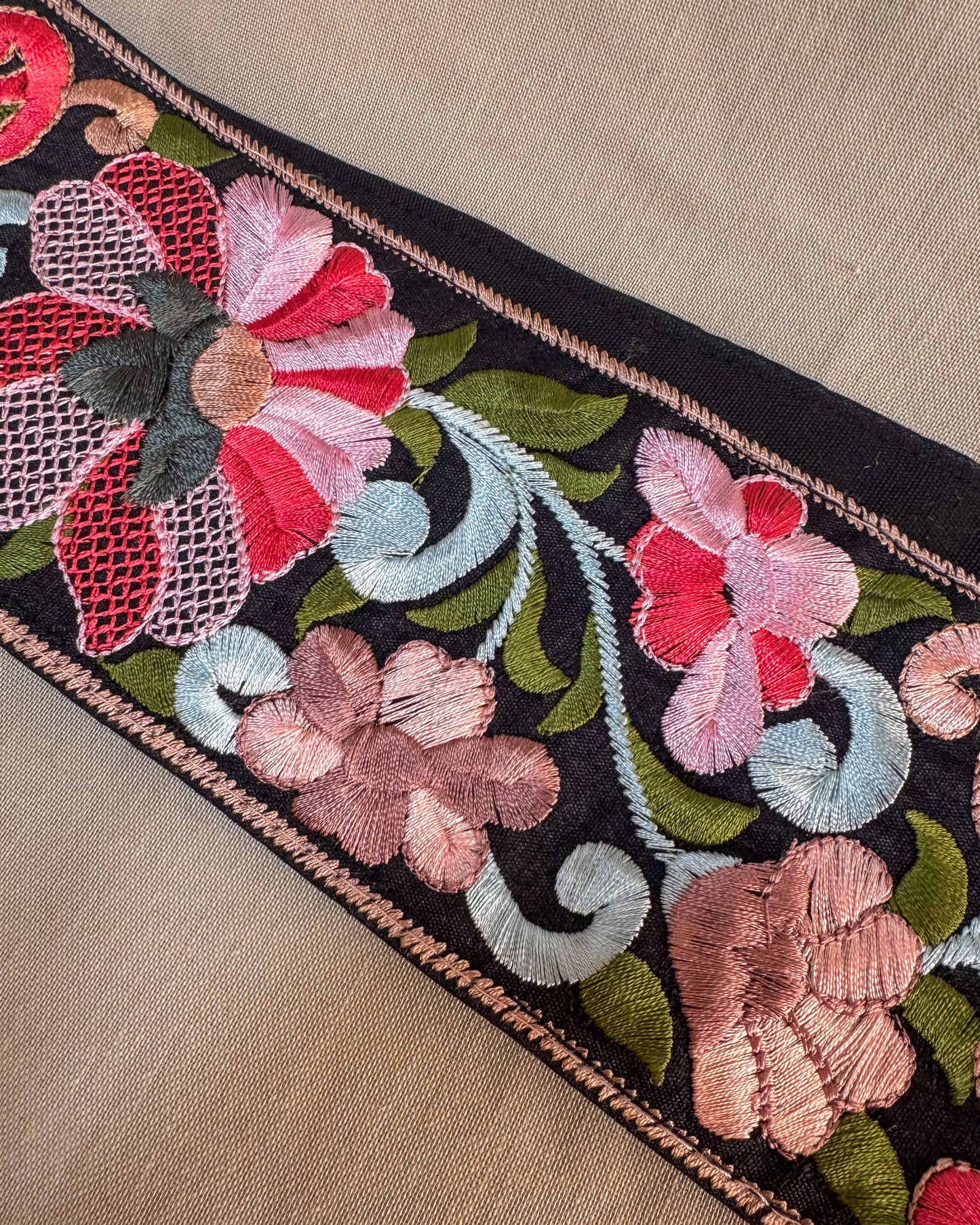 Black bohemian embroidered obi belt with tassels