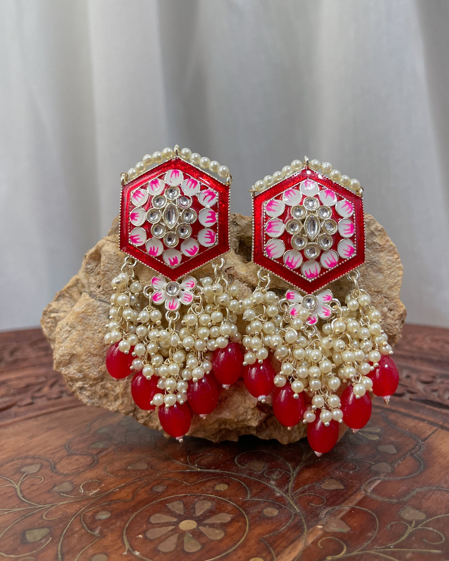 Big Golden Bohemian Earrings with Hand-Painted Floral Detail