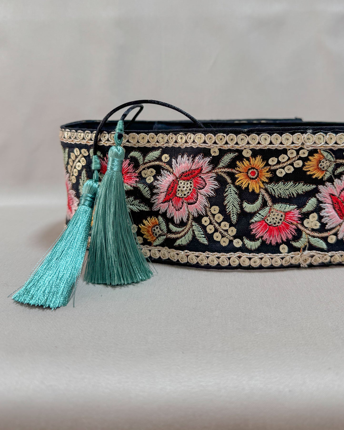 Bohemiam black belt with embroidered flowers and tassels
