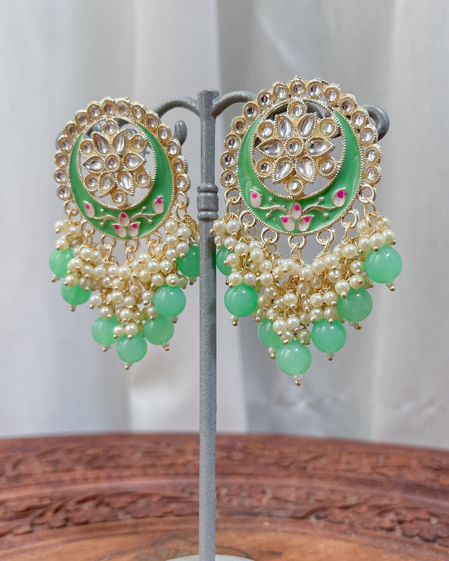 Big Golden Bohemian Earrings with Hand-Painted Floral Detail