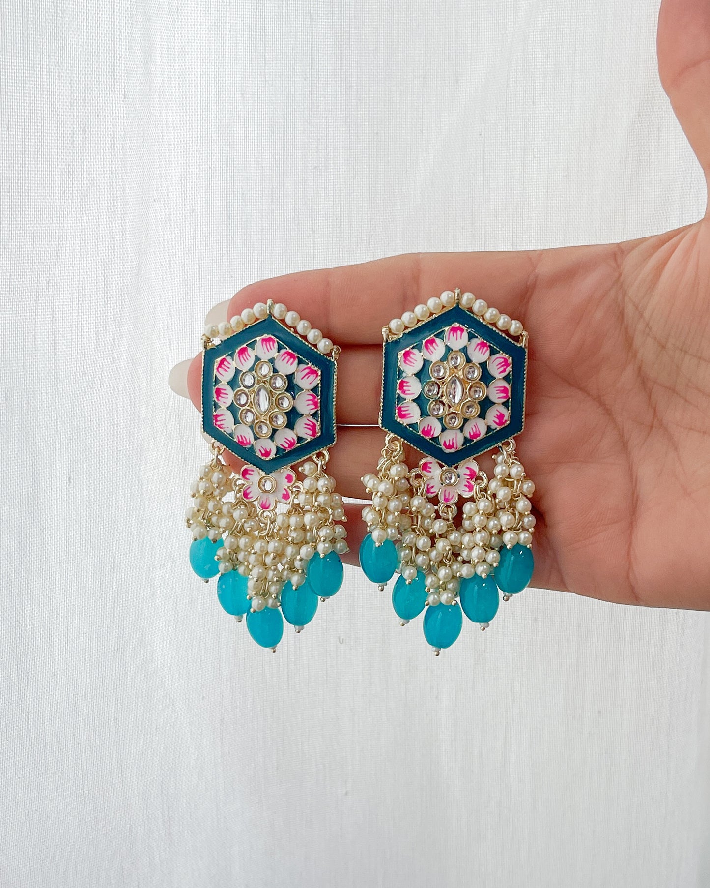 Big Golden Bohemian Earrings with Hand-Painted Floral Detail