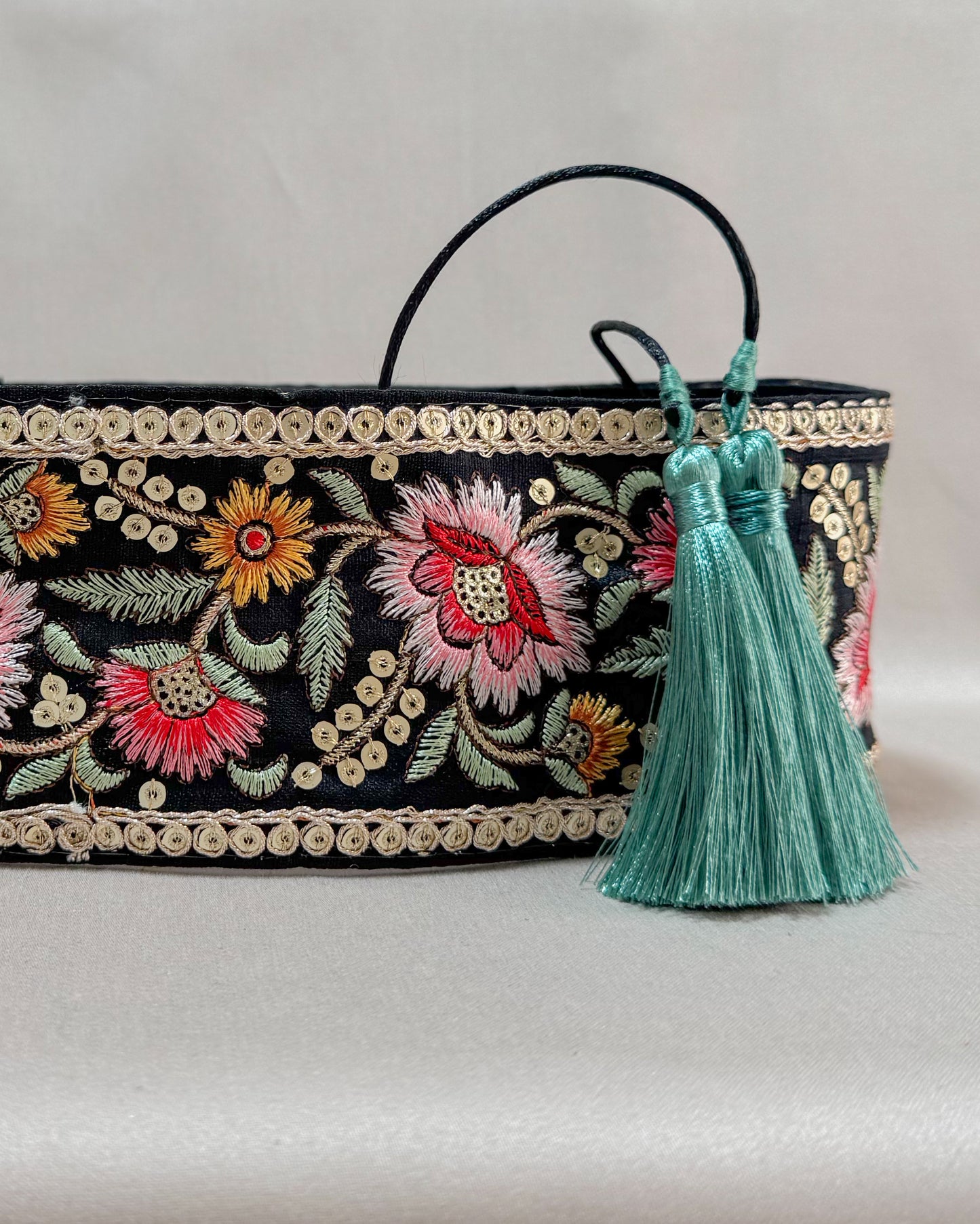 Bohemiam black belt with embroidered flowers and tassels