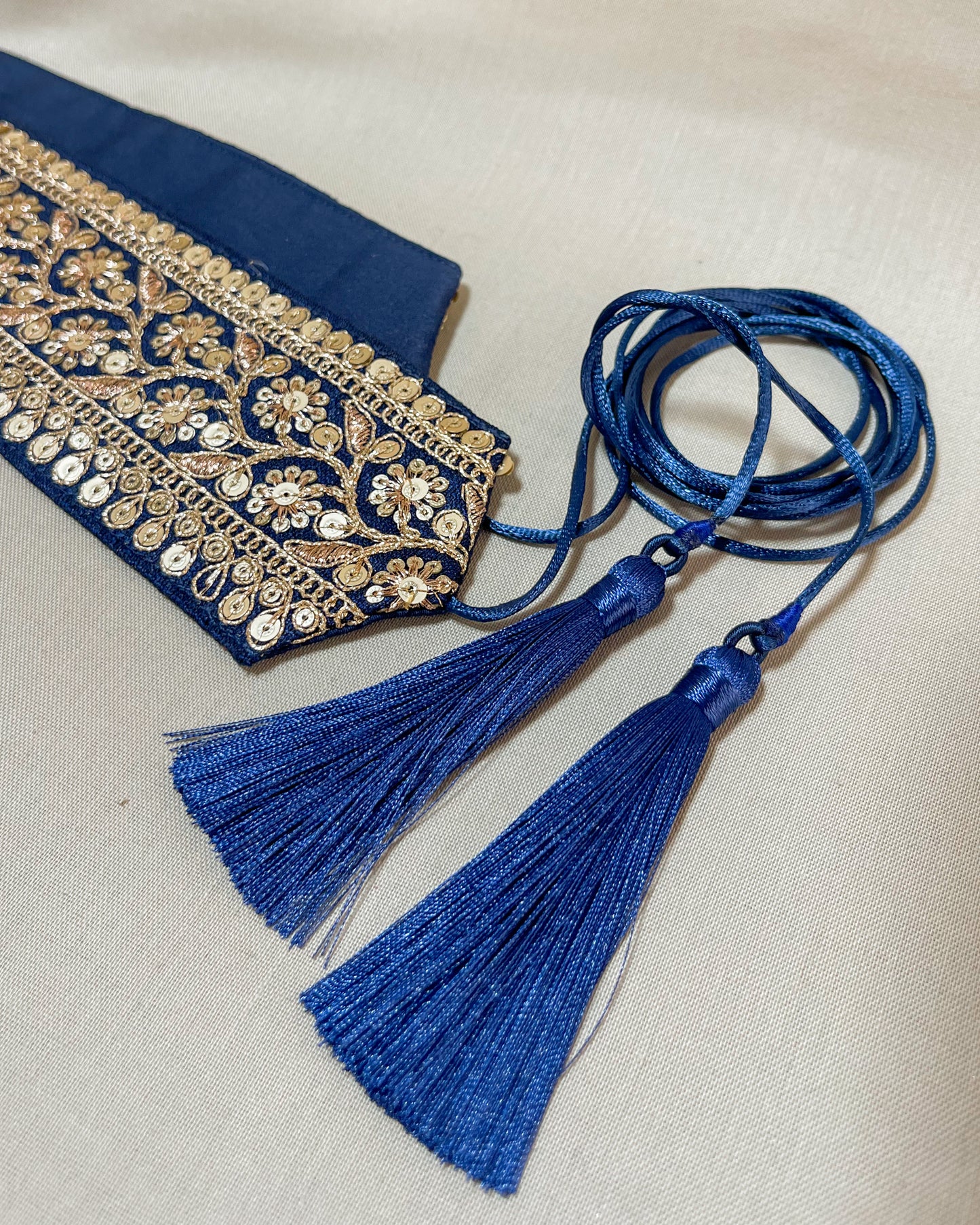 Velvet blue bohemian embroidered obi belt with tassels