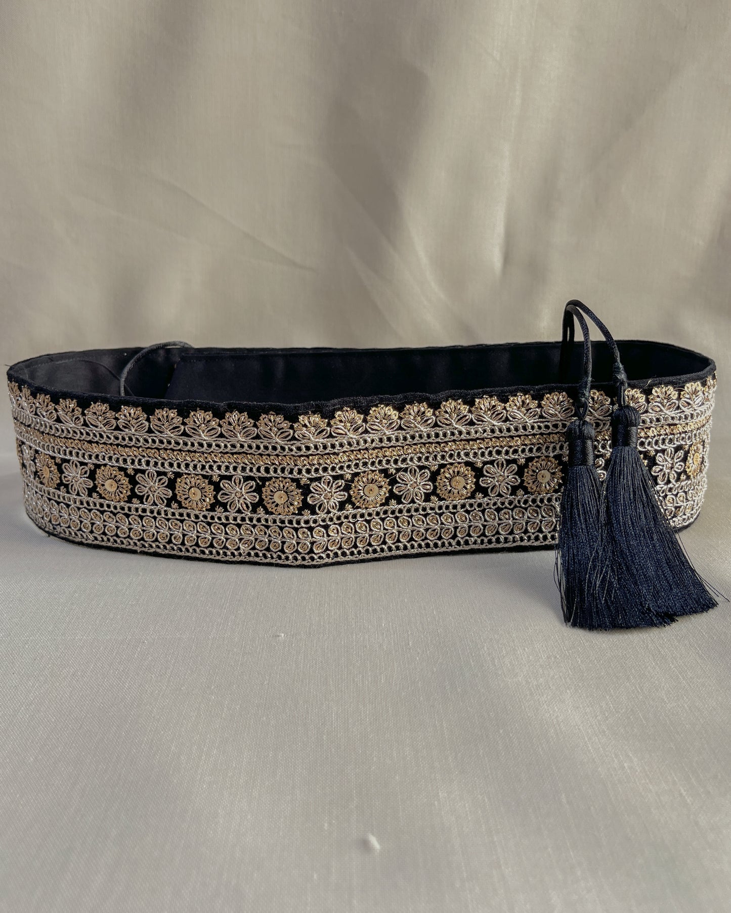 Black velvet bohemian embroidered obi belt with tassels