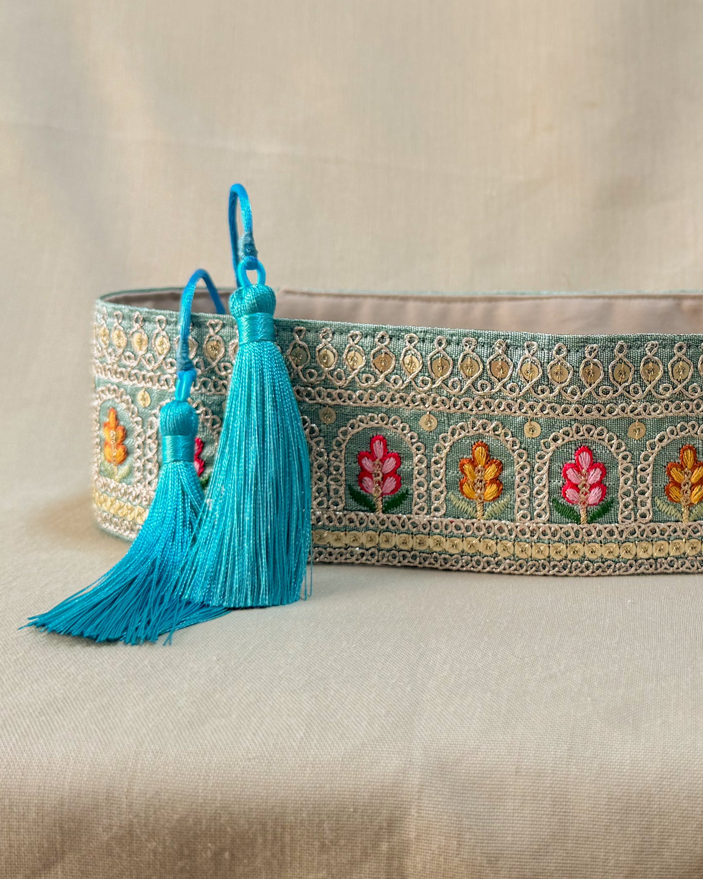 Blue bohemian embroidered obi belt with tassels
