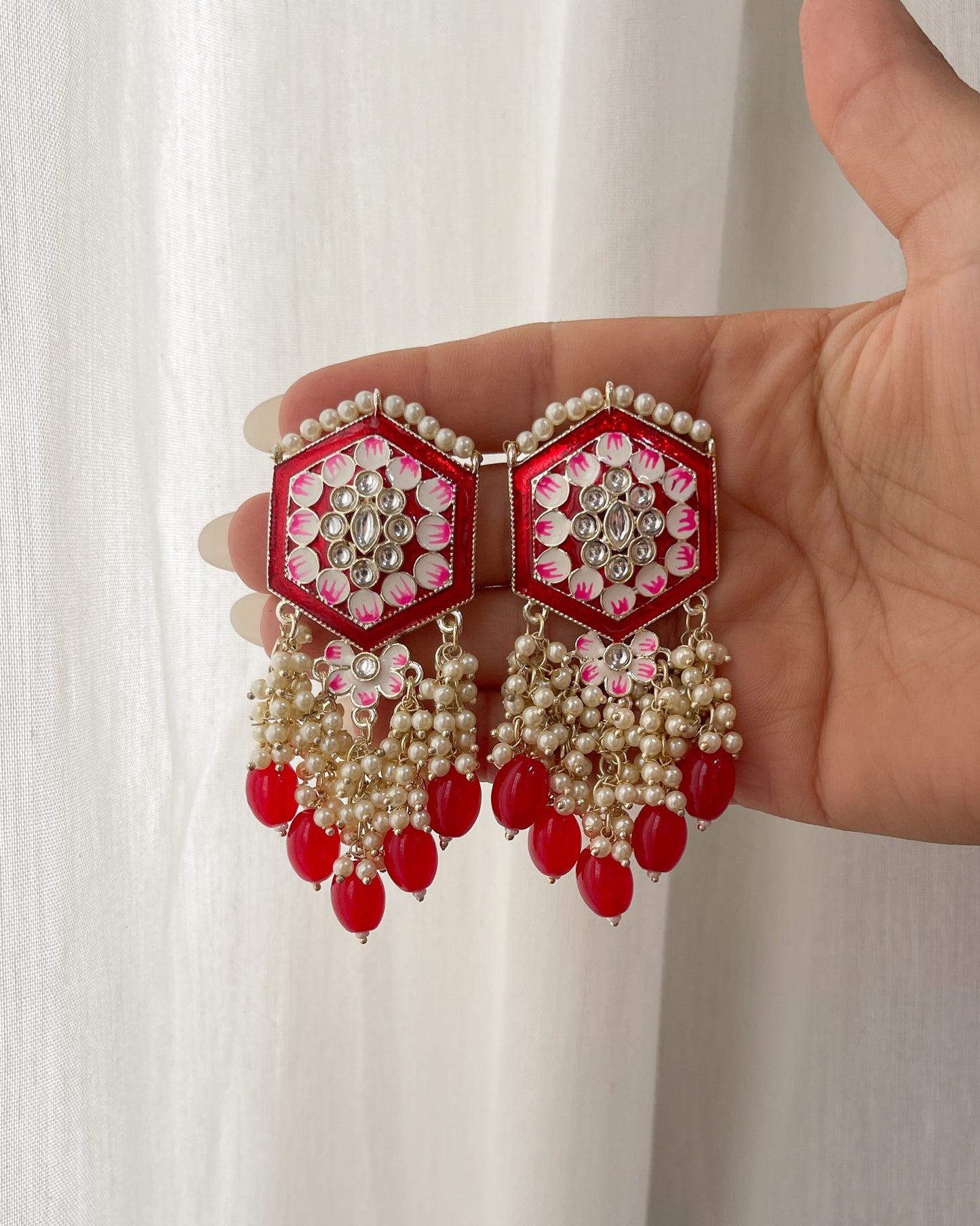 Big Golden Bohemian Earrings with Hand-Painted Floral Detail