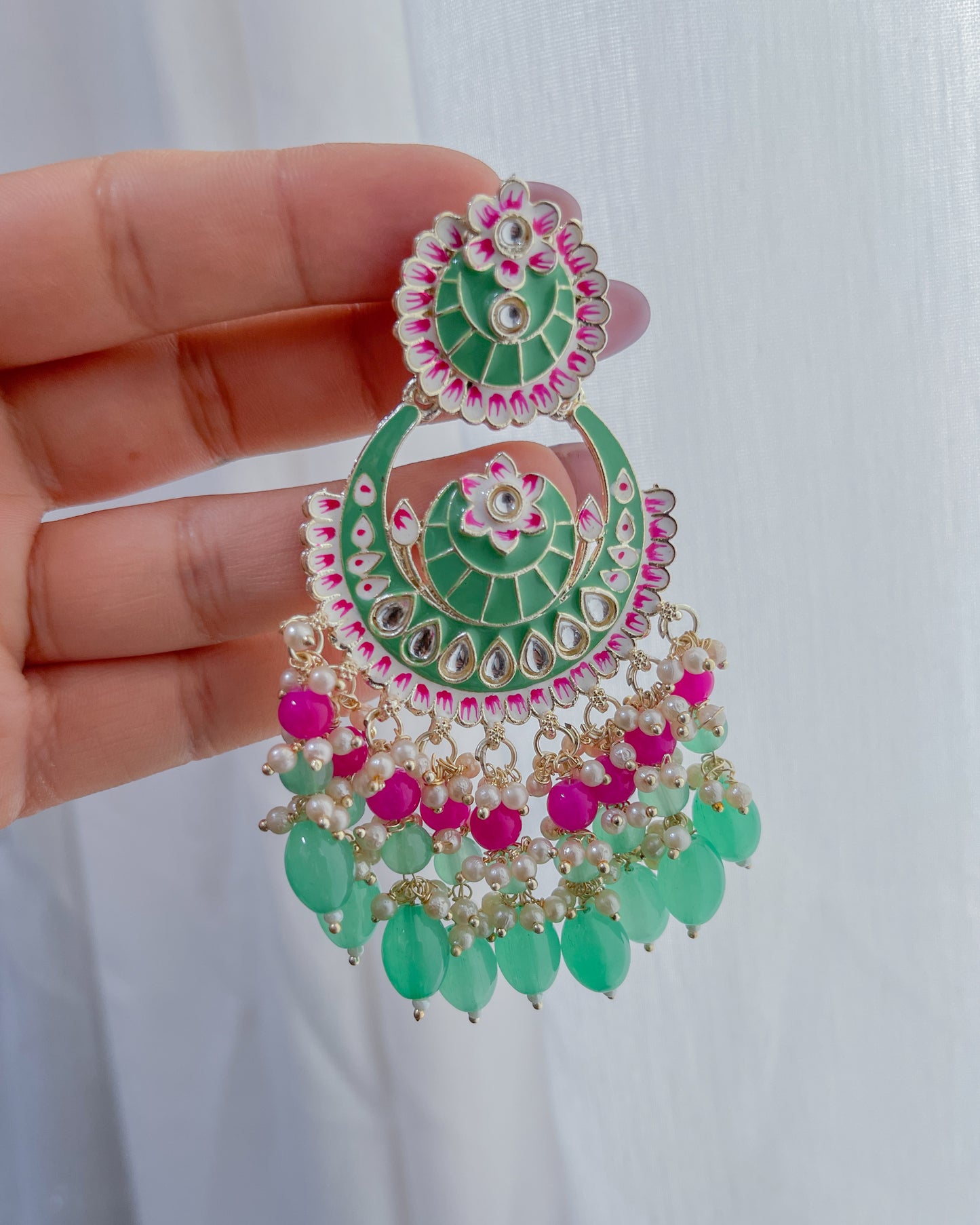 Statement bohemian earrings l Green and pink