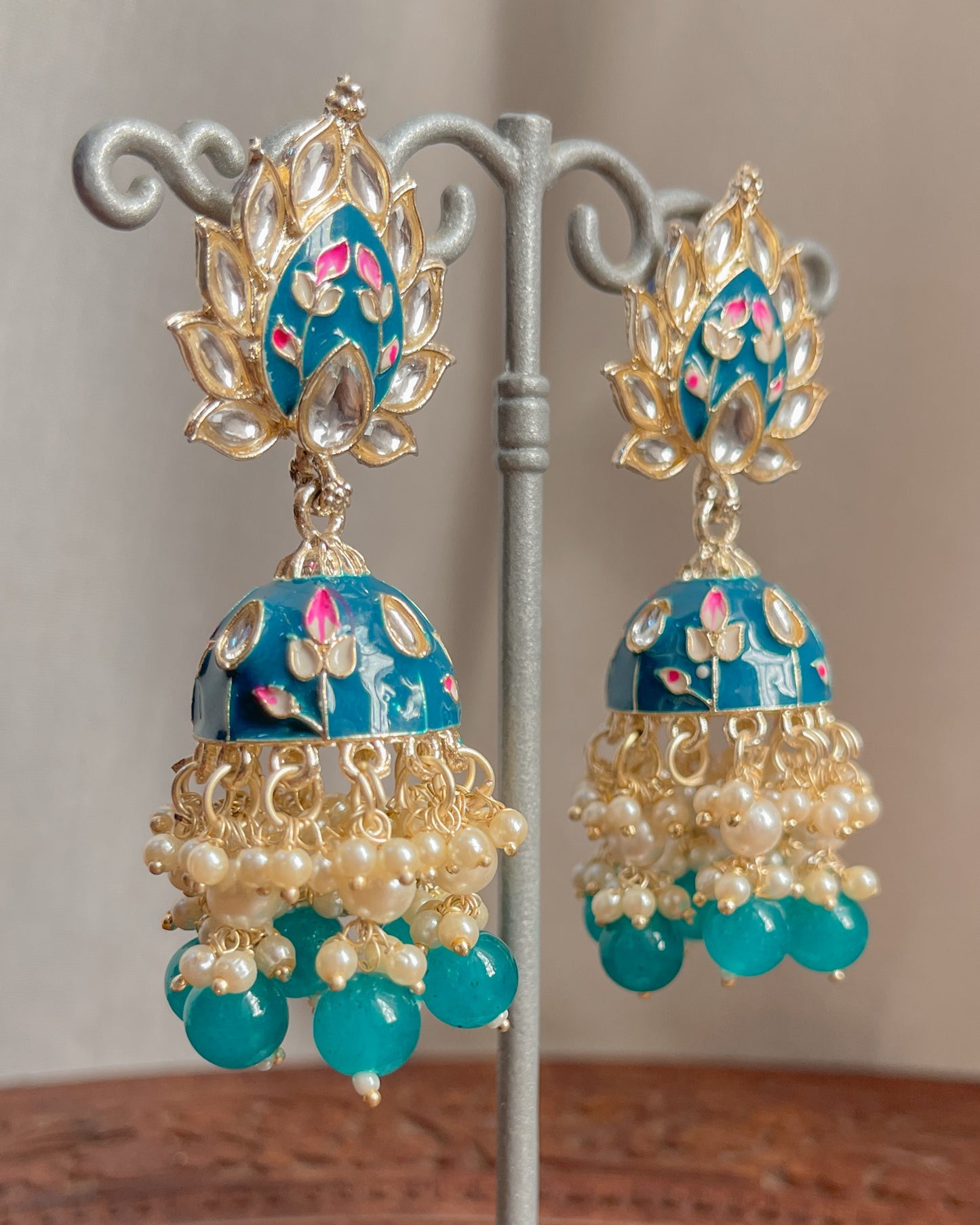 Big Golden Bohemian Earrings with Hand-Painted Floral Detail