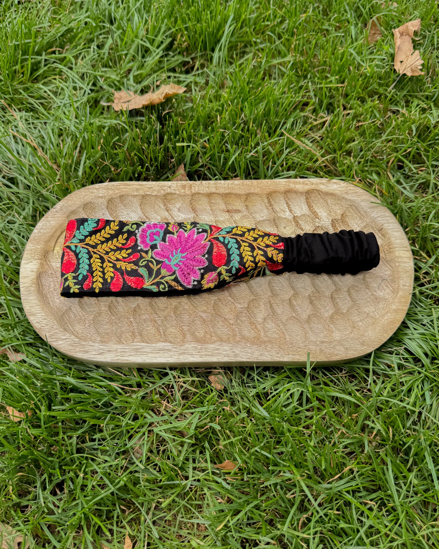 Embroidered upcycled fabric headband