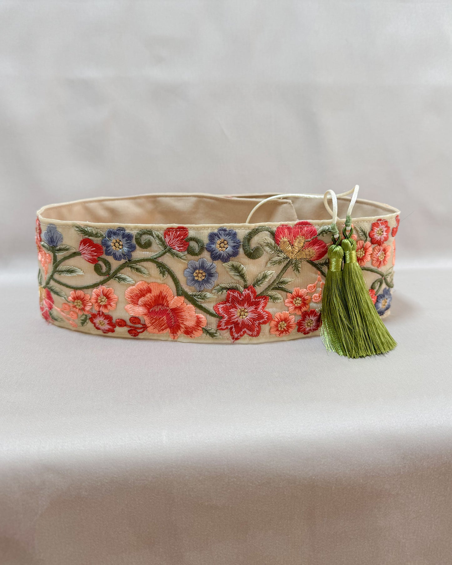 Off white with flowers bohemian embroidered obi belt with tassels