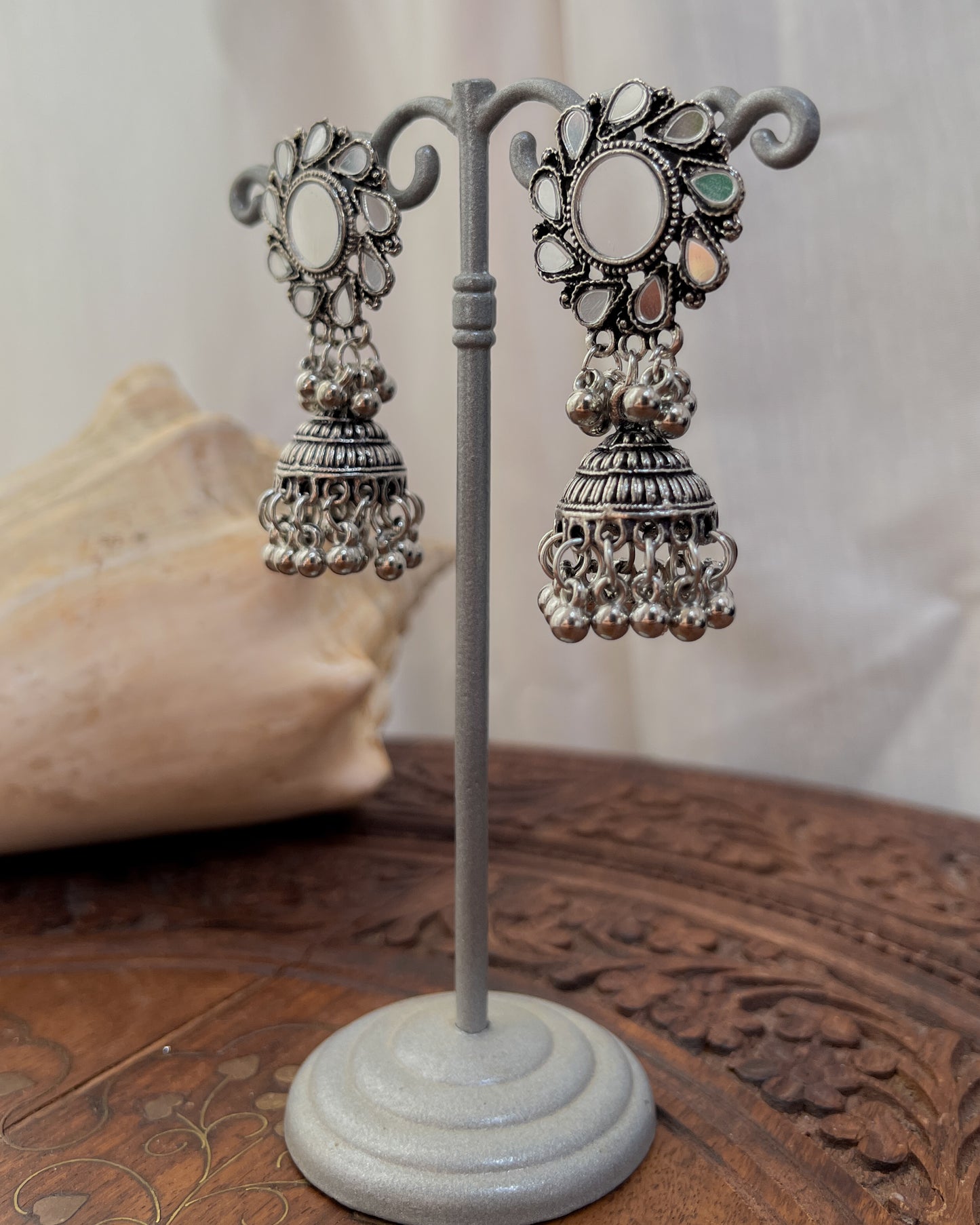 Silver Indian mirror earrings – Bold boho jewelry