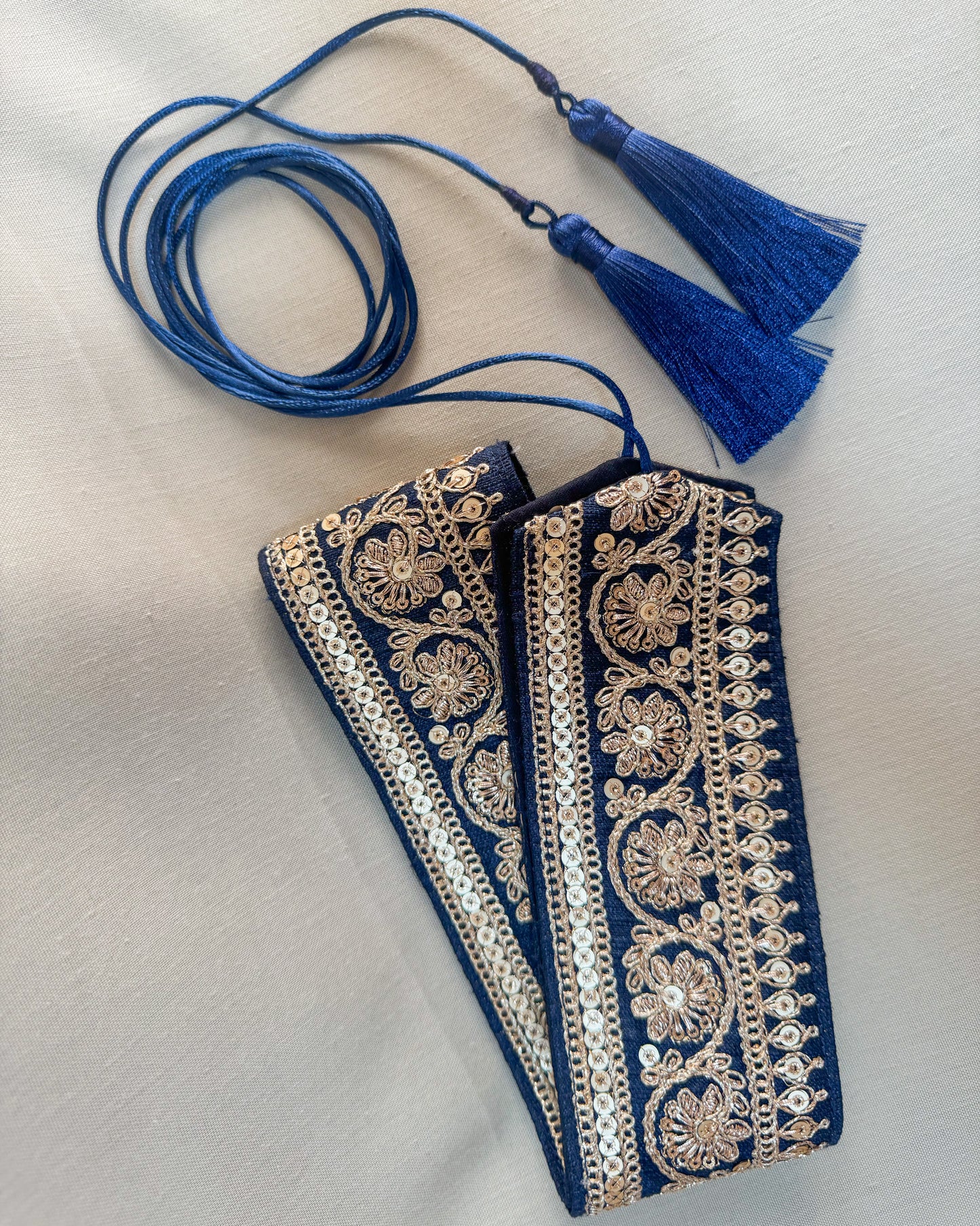Dark blue bohemian embroidered obi belt with tassels
