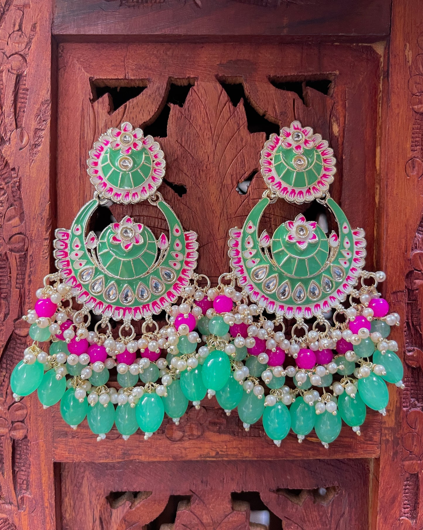 Statement bohemian earrings l Green and pink