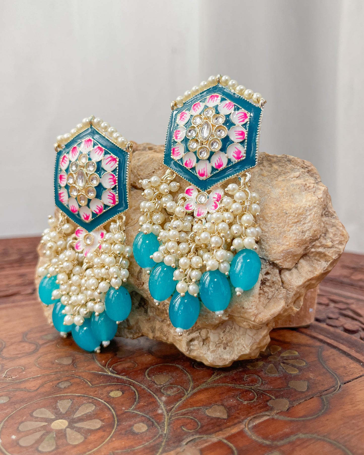Big Golden Bohemian Earrings with Hand-Painted Floral Detail