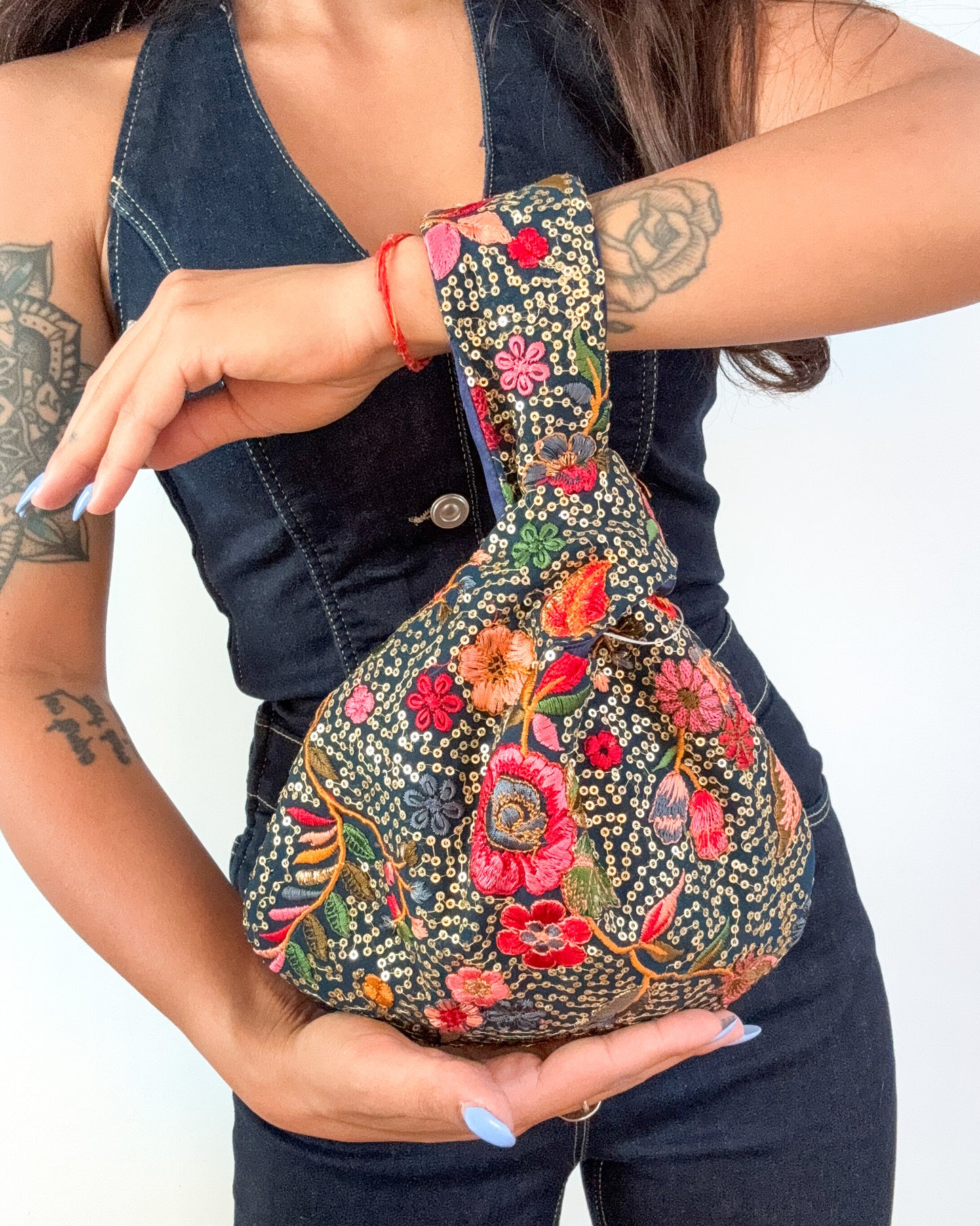 Handmade Embroidered Knot Bag | Blue and gold