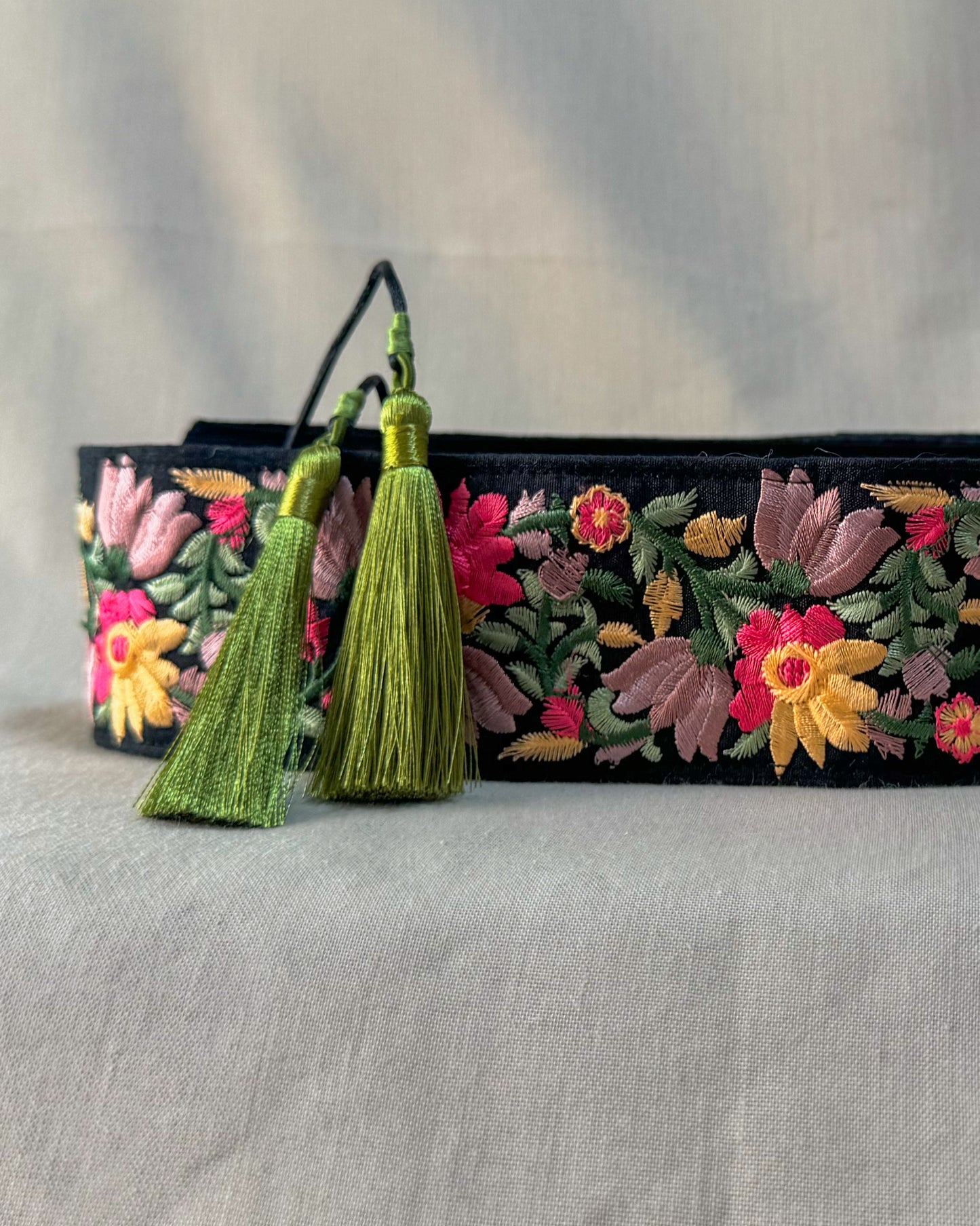 Black bohemian embroidered obi belt with tassels