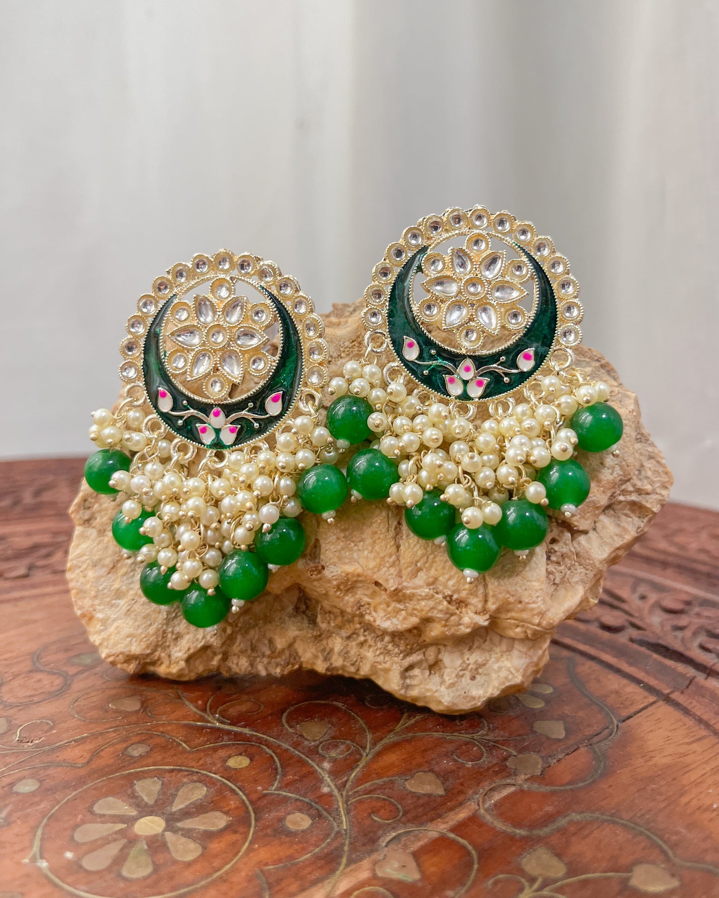 Big Golden Bohemian Earrings with Hand-Painted Floral Detail