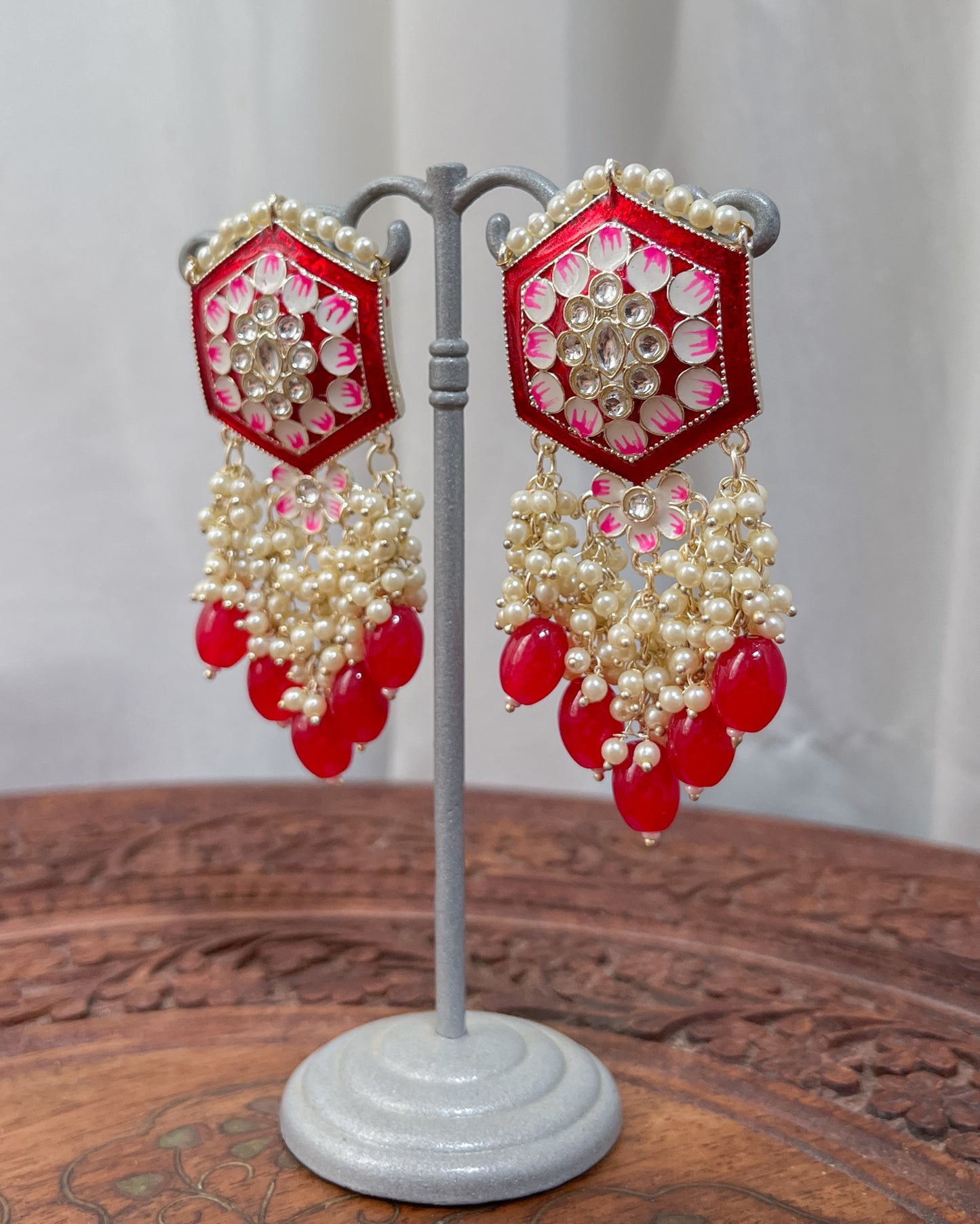 Big Golden Bohemian Earrings with Hand-Painted Floral Detail