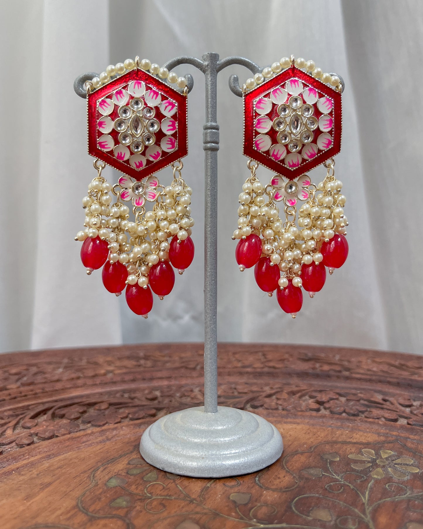 Big Golden Bohemian Earrings with Hand-Painted Floral Detail