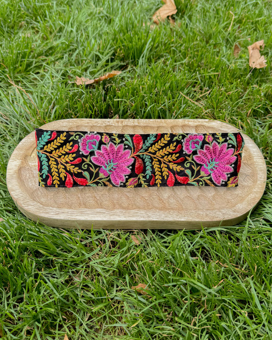 Embroidered upcycled fabric headband