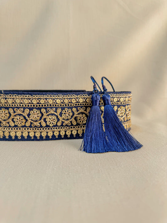 Dark blue bohemian embroidered obi belt with tassels