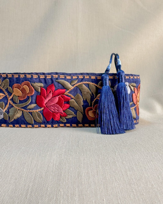Blue bohemian embroidered obi belt with tassels