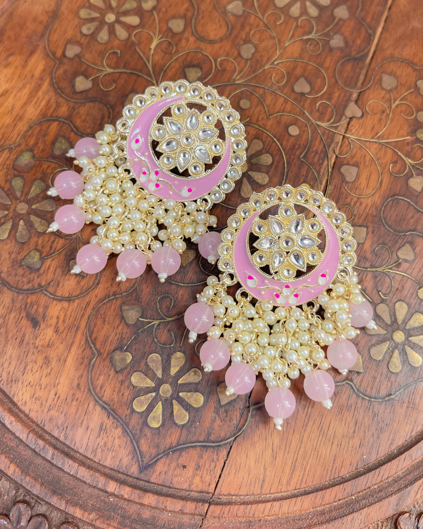 MOON LIGHT PINK Big Golden Bohemian Earrings with Hand-Painted Floral Detail