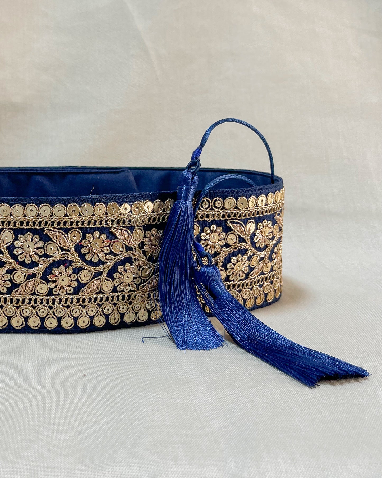 Velvet blue bohemian embroidered obi belt with tassels