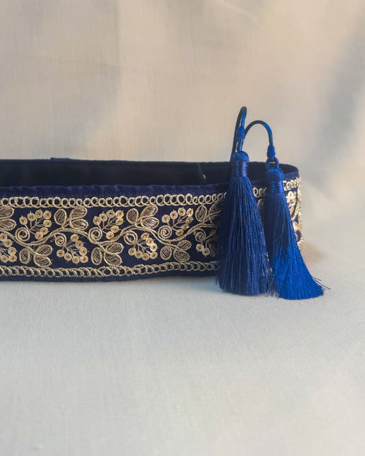 Dark blue bohemian embroidered obi belt with tassels