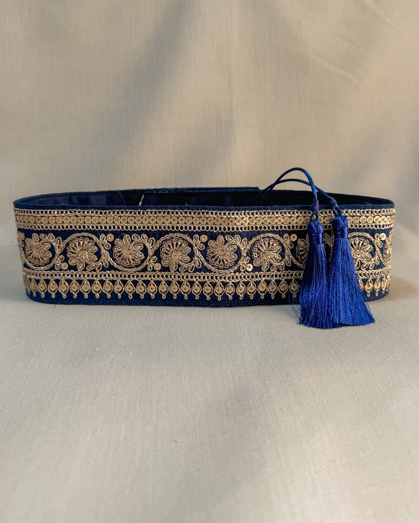 Dark blue bohemian embroidered obi belt with tassels