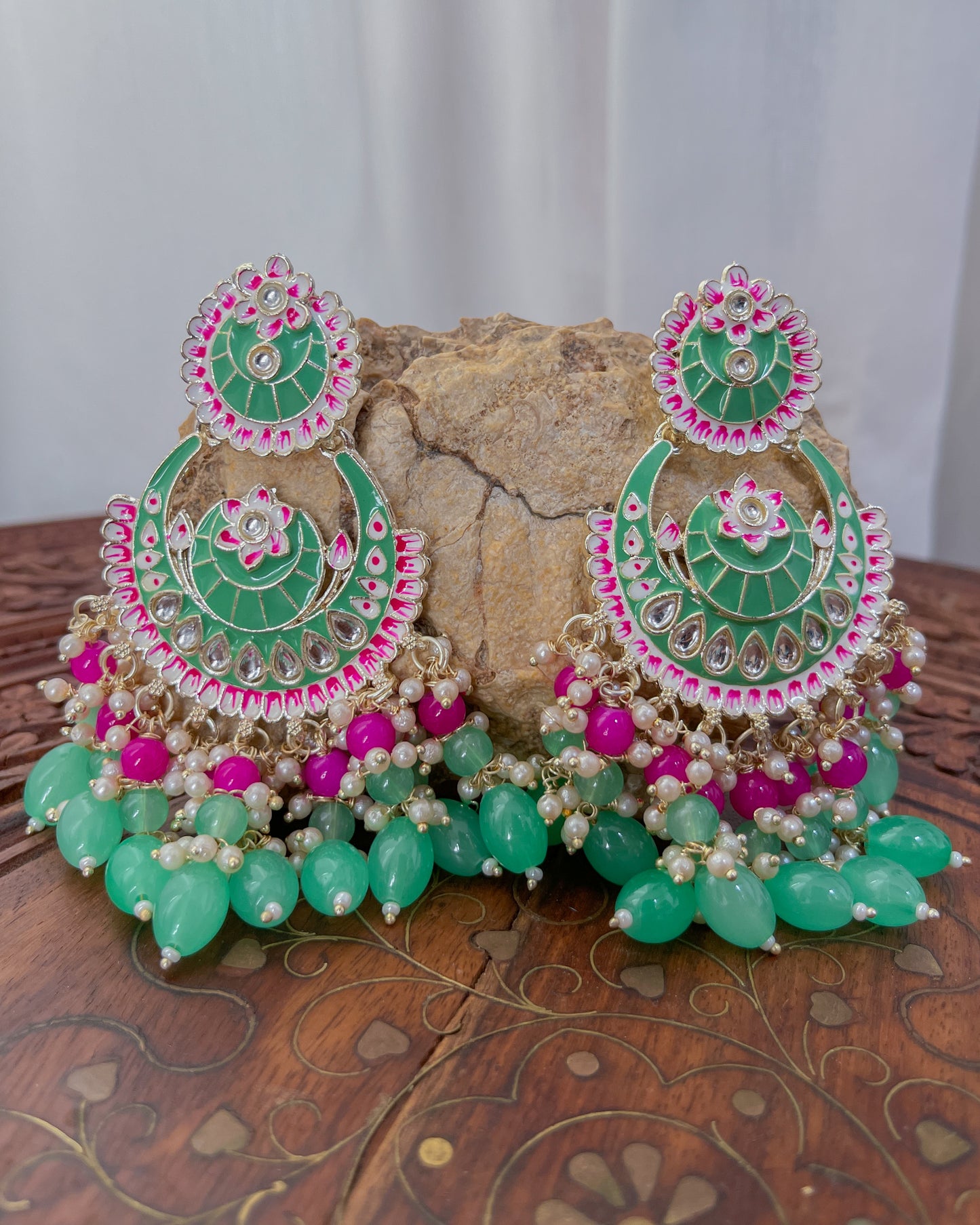 Statement bohemian earrings l Green and pink