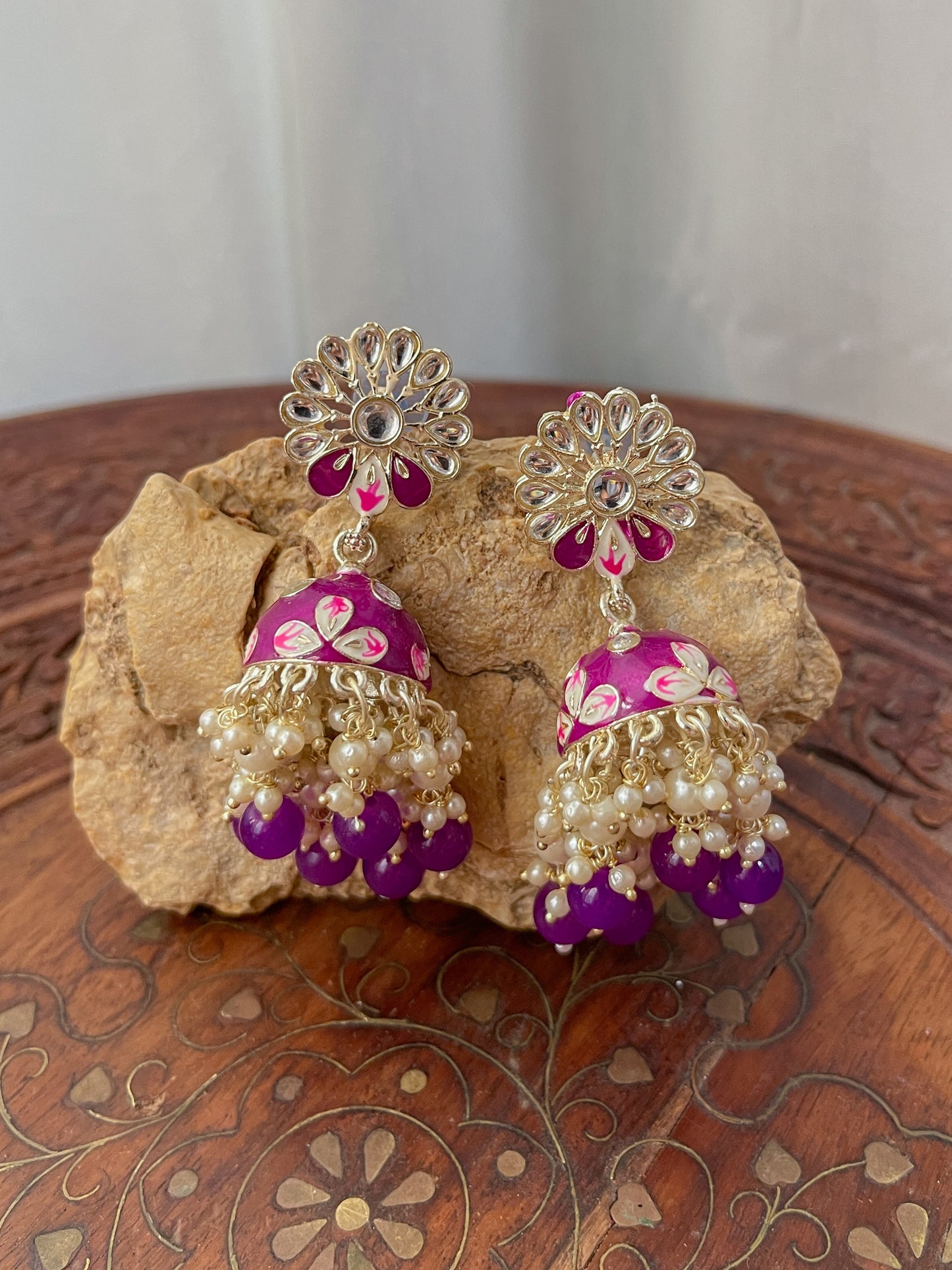 Big Golden Bohemian Earrings with Hand-Painted Floral Detail