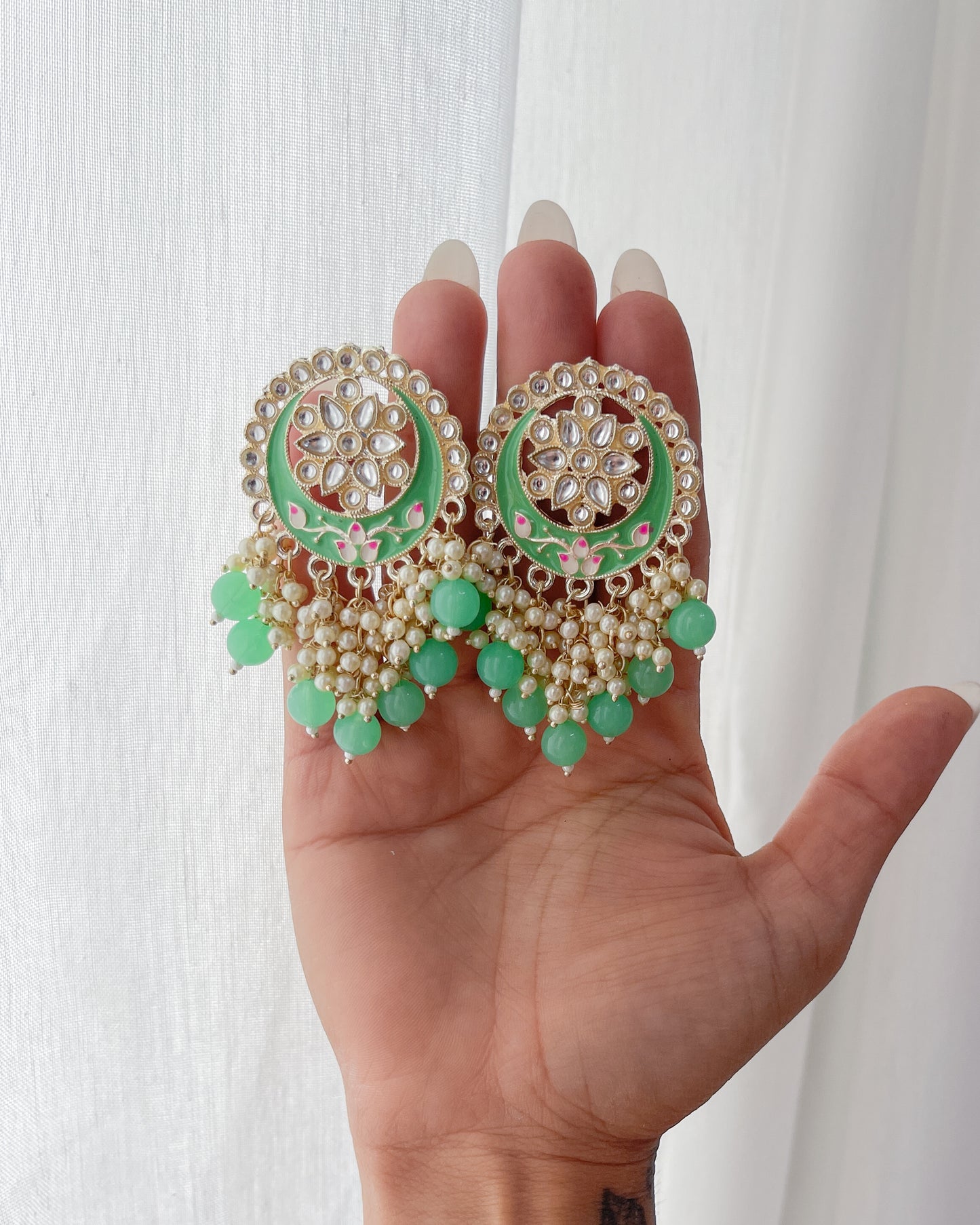 Big Golden Bohemian Earrings with Hand-Painted Floral Detail
