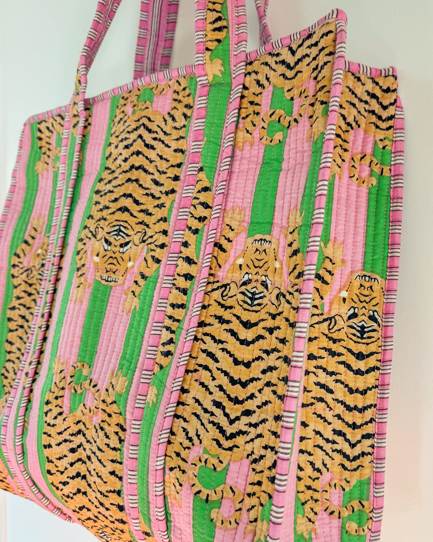Pink and green tiger l Big tote bag in quilted cotton