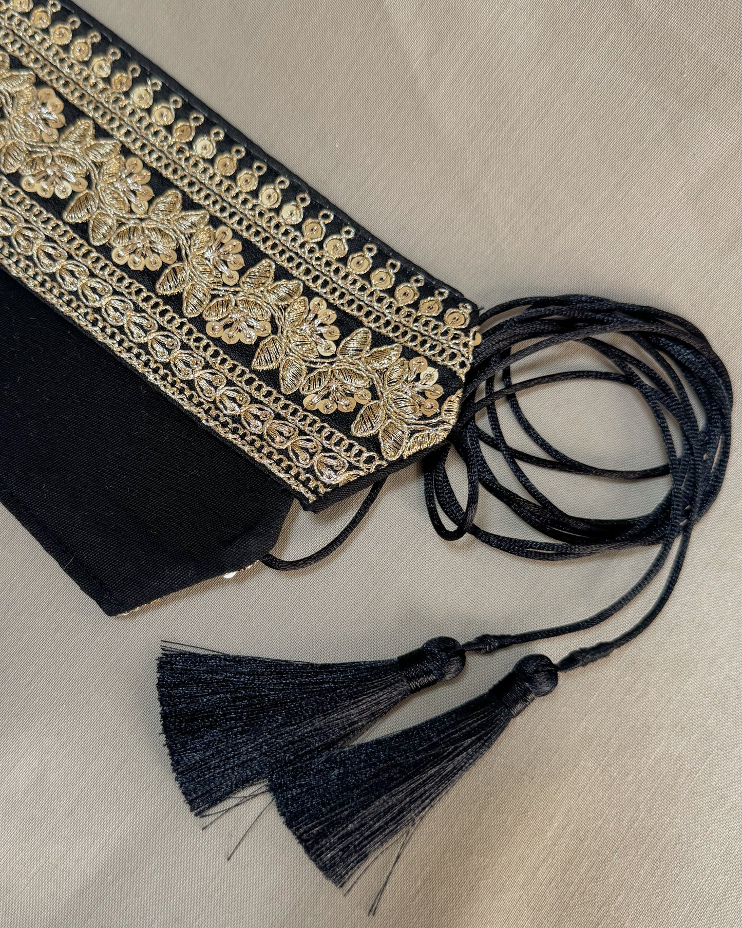 Black bohemian embroidered obi belt with tassels