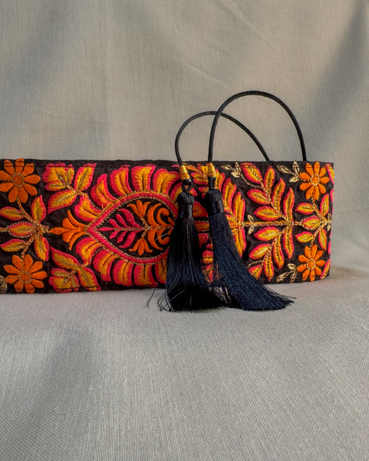 Bohemiam black belt with embroidered flowers and tassels