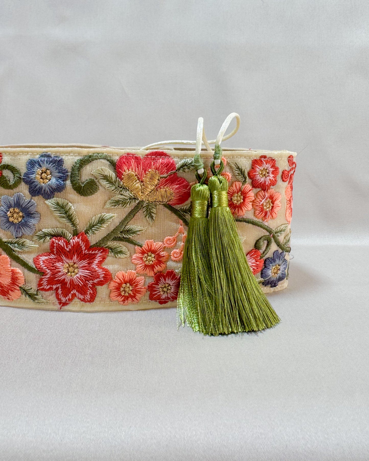 Off white with flowers bohemian embroidered obi belt with tassels
