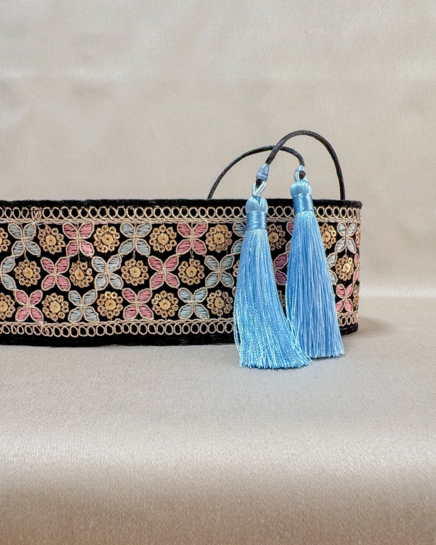 Bohemiam black velvet belt with embroidery and tassels